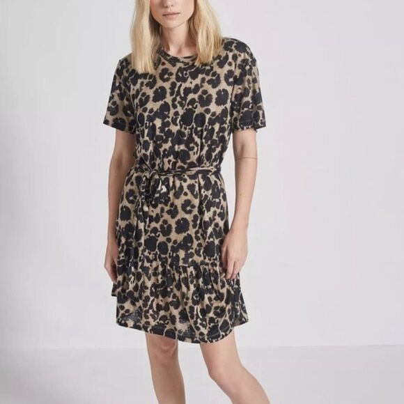 Current/Elliott Cheetah Print 100% Linen Short Sleeve Crewneck Dress Women's 2 M - Picture 1 of 10